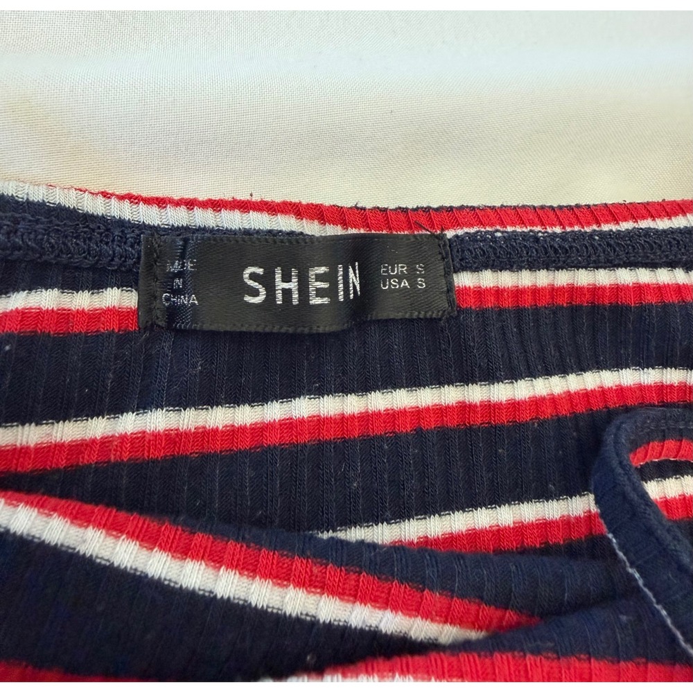 SHEIN Navy Blue Red White Striped Ribbed Bodycon Mini Dress Small - Picture 7 of 8